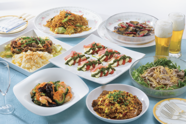 【Aコース】カツオの洋風たたき／鶏のジェノベーゼ風冷製パスタ／水餃子香味ソース／白身魚のエスニックソースがけ／ジャンバラヤ／豚スペアリブとポテト／汁なし担々麺
